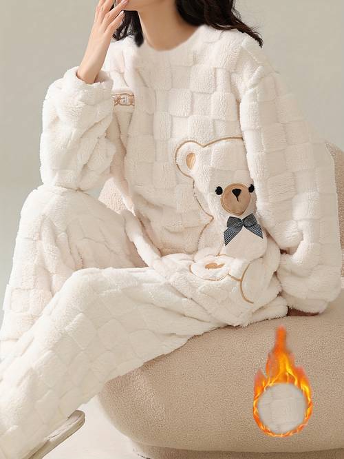 winter womens warm fleece pajama set featuring a cute bear pattern for wear
