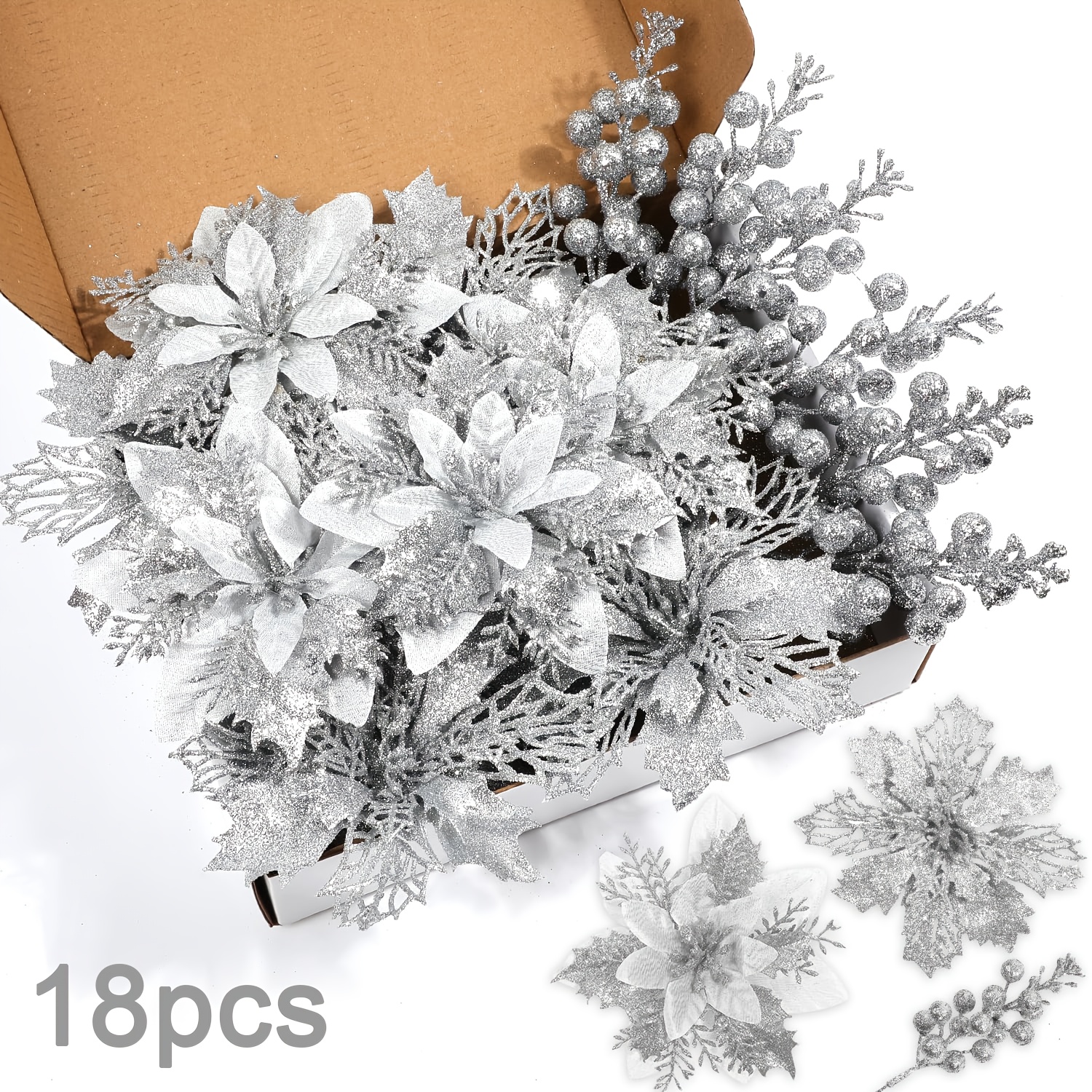 Image of 18pcs Christmas Poinsettia Artificial Flowers And Glitter Berries Stems Kit, Multiple Colors , Christmas Poinsettias Decorations And Christmas Tree Ornaments For Xmas Home Wedding Decor, Without Box