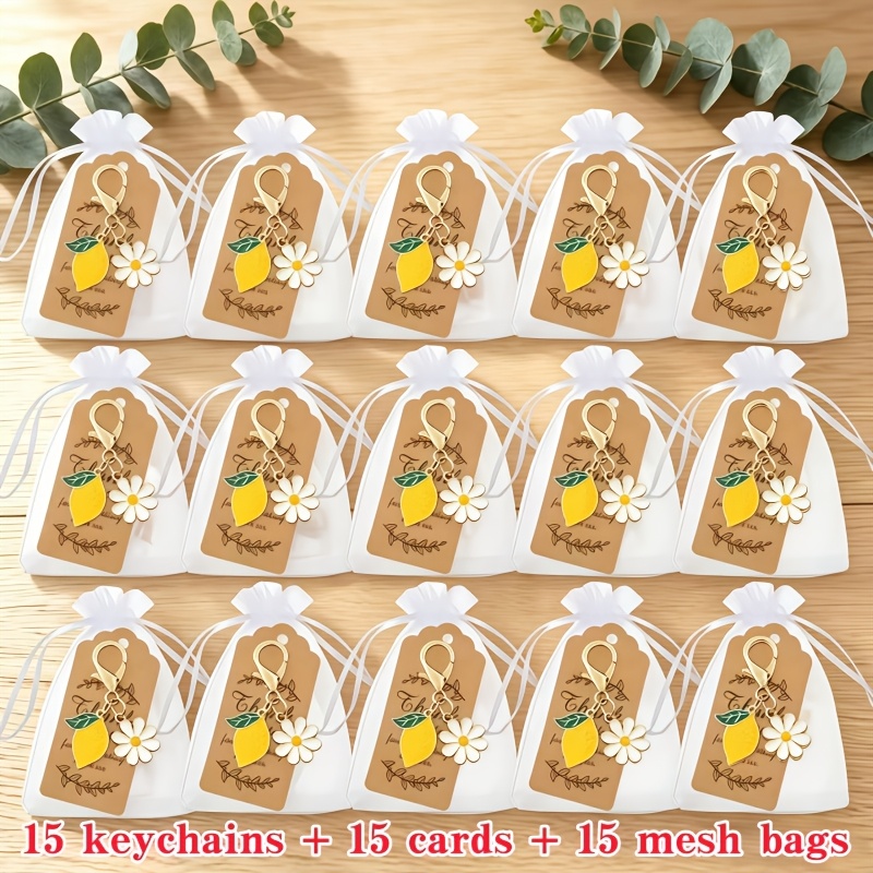 Image of 45pcs Summer Lemon Daisy Keychain Set, (15 Keychains + 15 Cards + 15 Keychains) Used To Decorate Bags, Keychains, And Is An For Inspirational Gifts, Thanksgiving Gifts, Fun Gifts