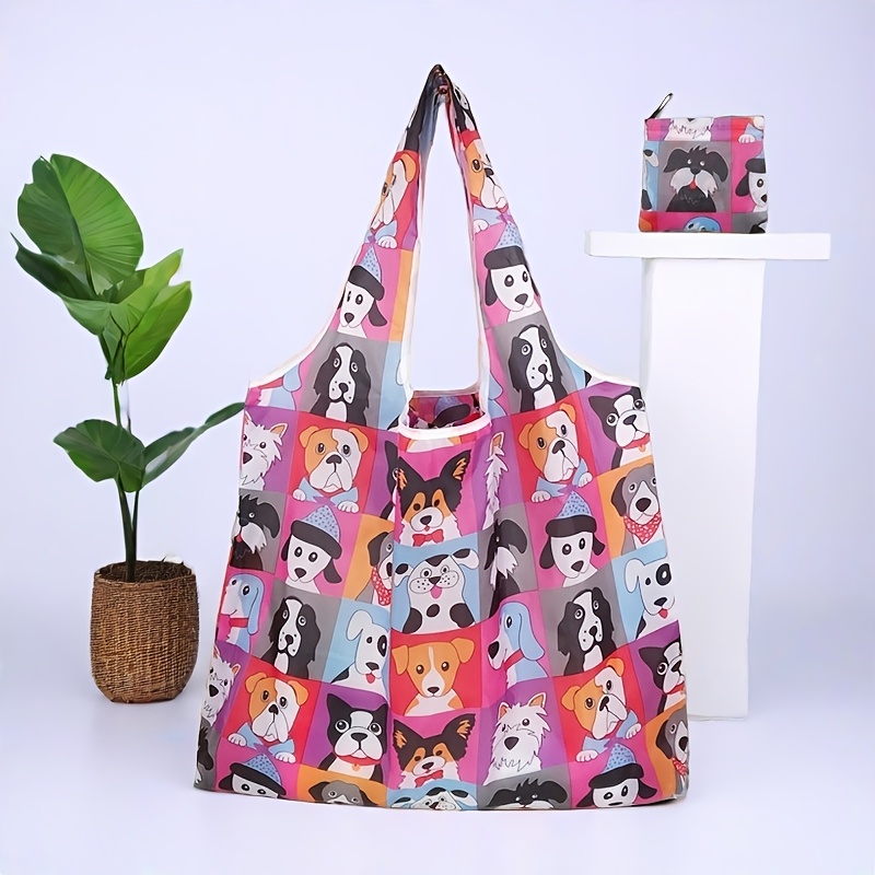 1pc vibrant dog print tote bag reusable foldable durable polyester shoulder bag with   closure ideal for shopping travel and kitchen storage travel accessory   accessory durable handle bag