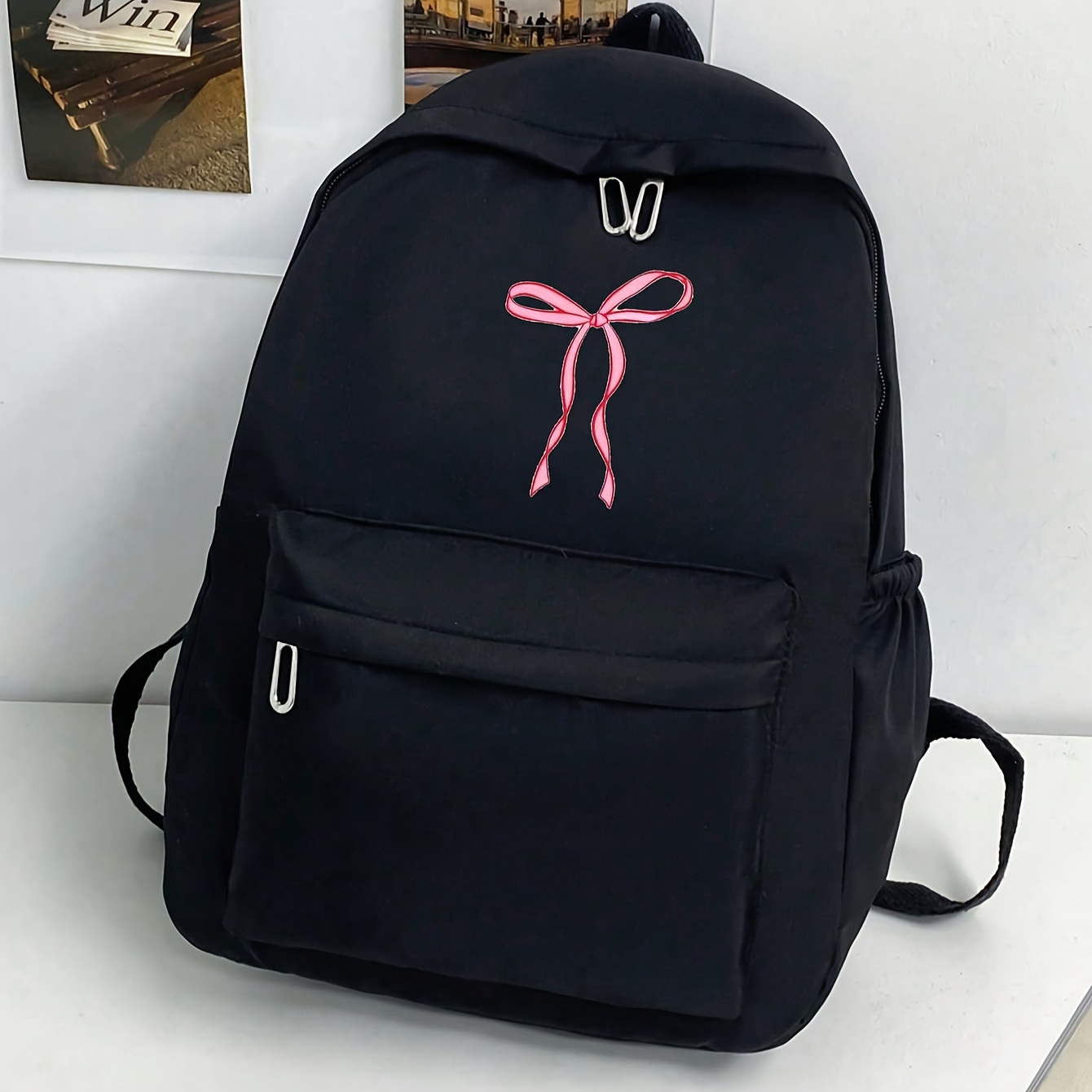 simple bow print womens backpack - Temu