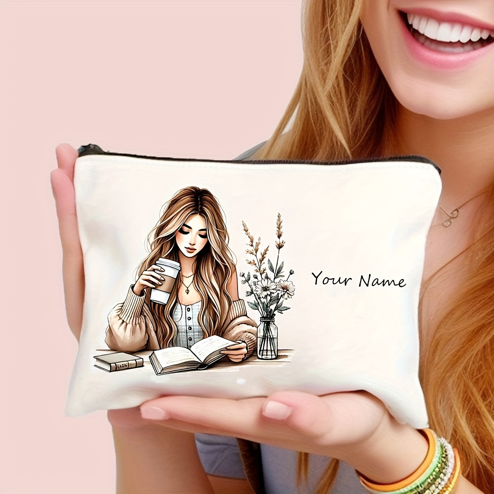 TEMU 1pc Custom Name Jazz Girl Themed Design Elements Cute Hand Makeup Bag, Durable And Large Capacity, Suitable For Parties, Travel, Shopping -