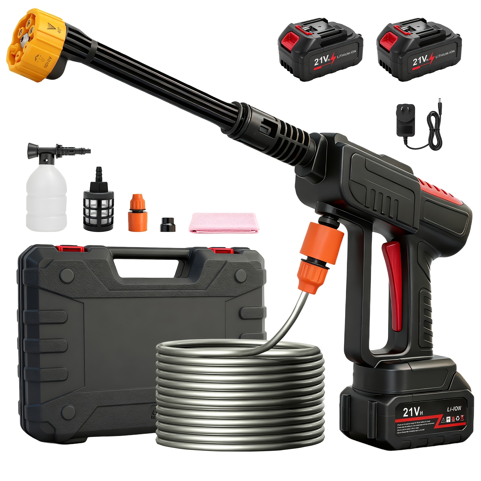 TEMU 21v Cordless Electric Pressure Washer 1100psi, 6-in-1 Multi-nozzle (0°/15°/25°/40°/), Self-priming (faucet/bucket), 2 Lithium Batteries, Full
