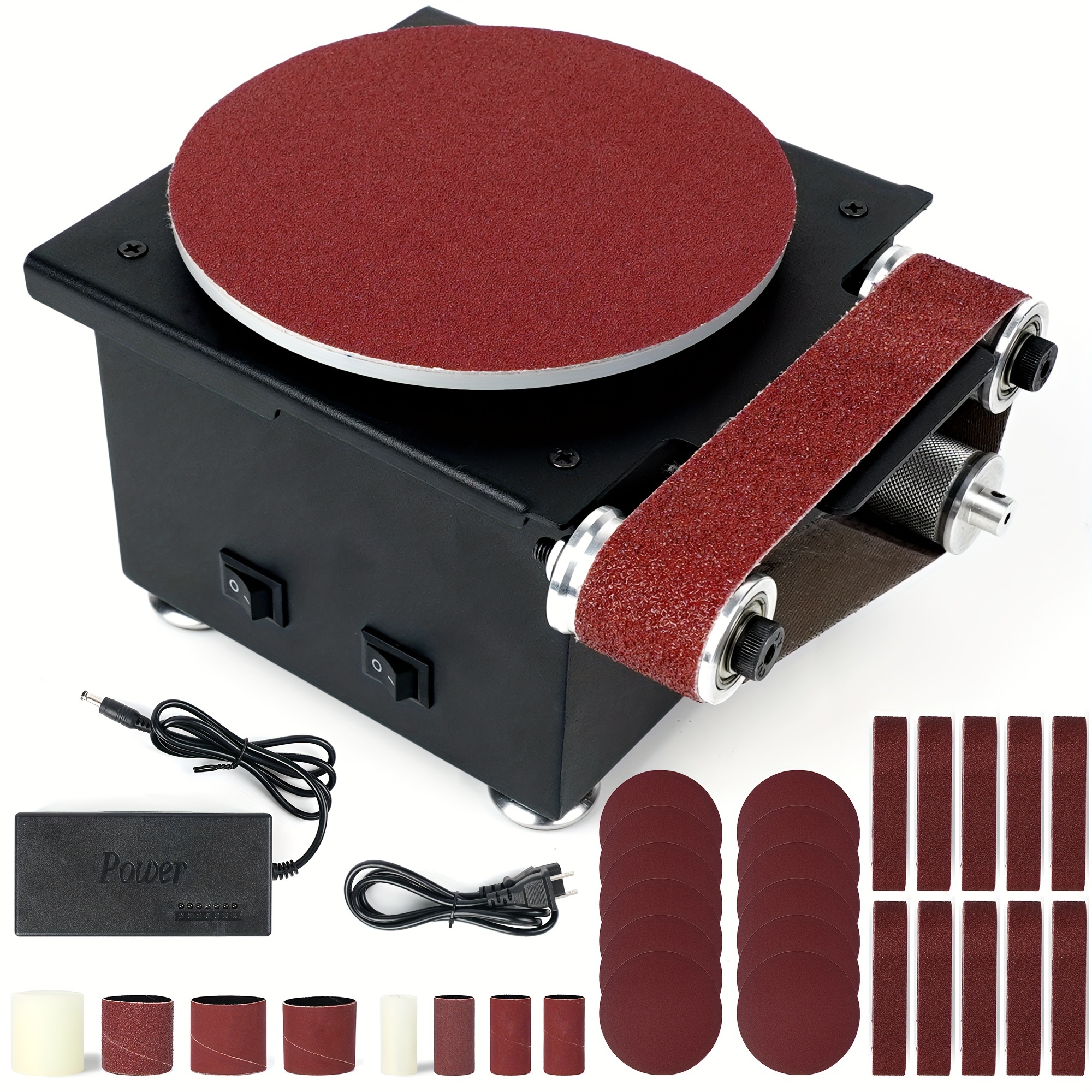TEMU 6-inch Dual-function Mini Sander & Polisher: Features 1.2x15" Sanding Belt & 6" Disc. Dual , 7-speed Control, 10pcs Assorted Belts/papers,