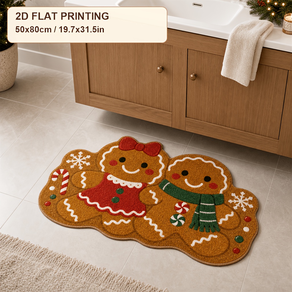 TEMU 1pc Velvet Christmas Two-dimensional Printed Gingerbread For Rug, Non-slip And Machine Washable Bathroom Mat, Suitable For Home Decor In And