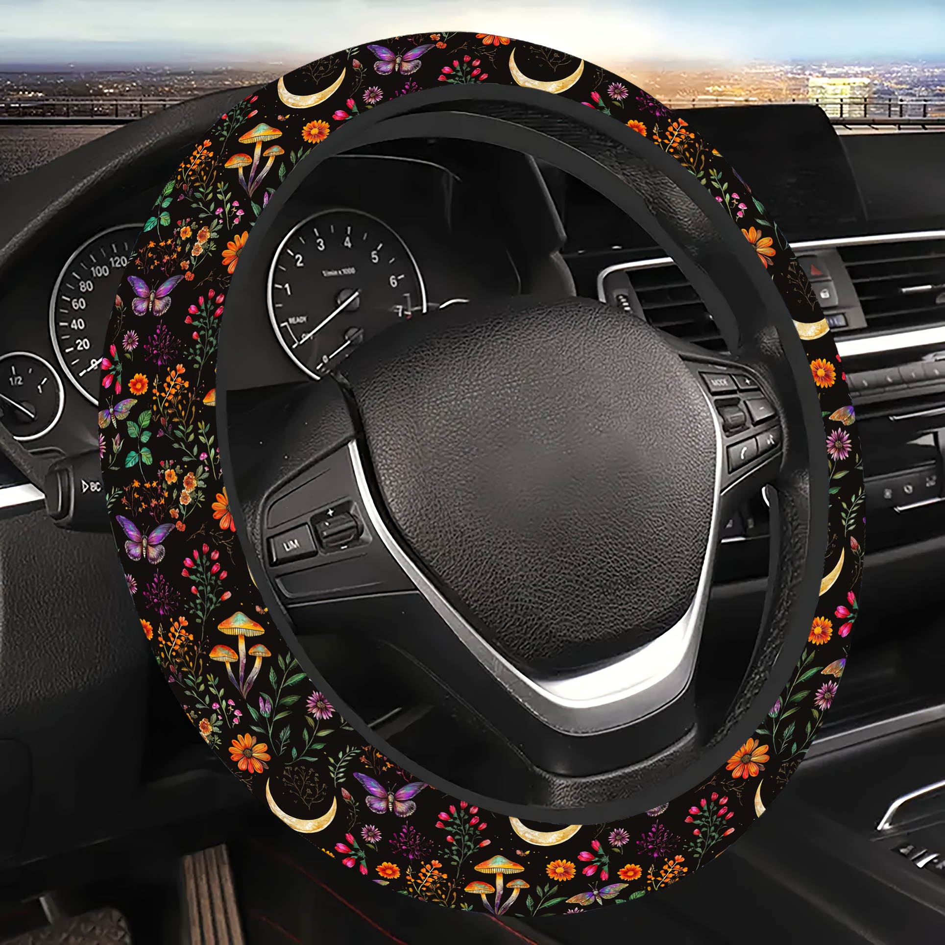 TEMU 1pc Floral Mushroom Steering Wheel Cover - 15-inch Anti-slip Case, Suitable For Women, Designed As A Car Interior Accessory