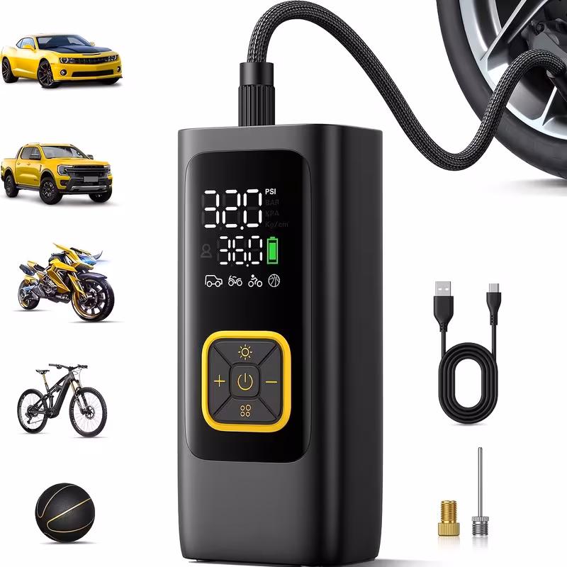 Portable Digital Tire Inflator with LED Light - Cordless Rechargeable Air Pump for Cars, Motorcycles, Bicycles & Balls
