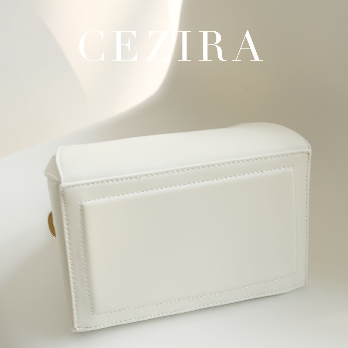 CEZIRA Women's Minimalist Elegant PU Vegan Crossbody Bag with Adjustable Long Strap & Top Handle, Squeeze Lock Closure, Box Shape Design - White & Pink, Versatile for Daily Commute, Work, Casual Outings, Crossbody Purse, Sleek Handbag, Travel Accessory, Modern Style, Highquality Finish, Compact Purse, Stylish Ladies