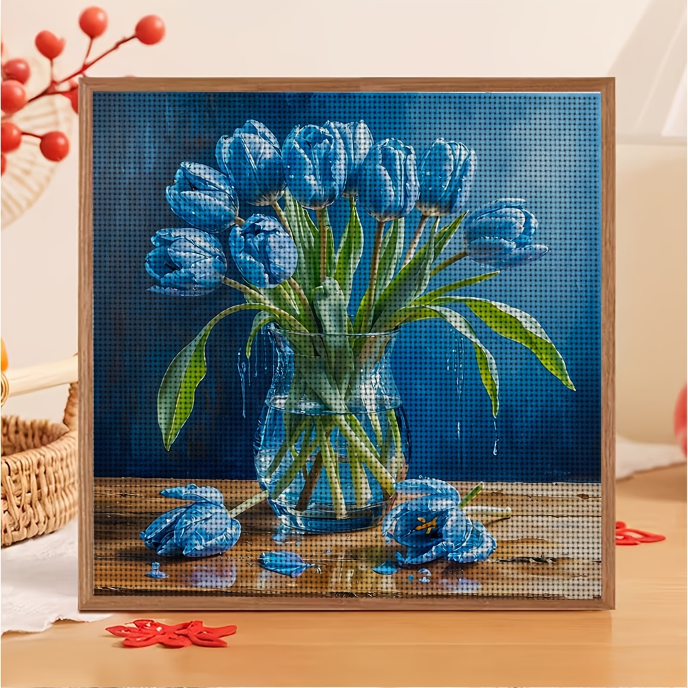 DIY Cross-Stitch Printed Kit, Unframed, Blue Tulips in a Vase Design