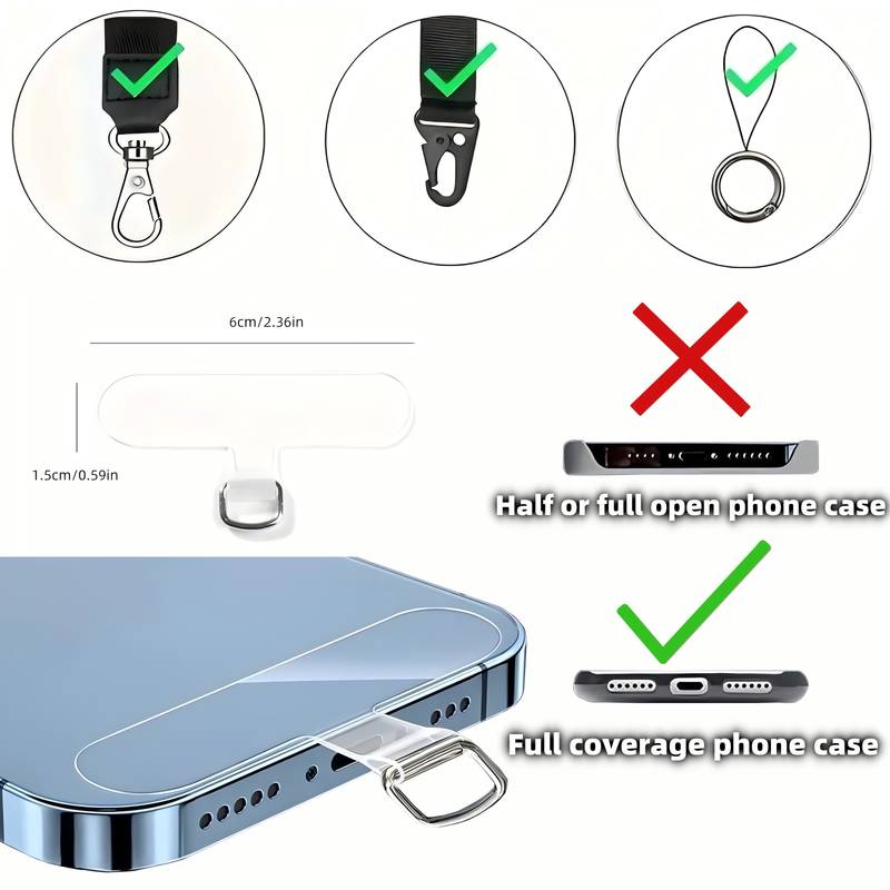 4 Tappi Per Cordino Universali Per Smartphone, D-Buckle Trasparente 55x35mm, Adesivo Ultra Sottile 0.6mm, Non Blocca La Ricarica