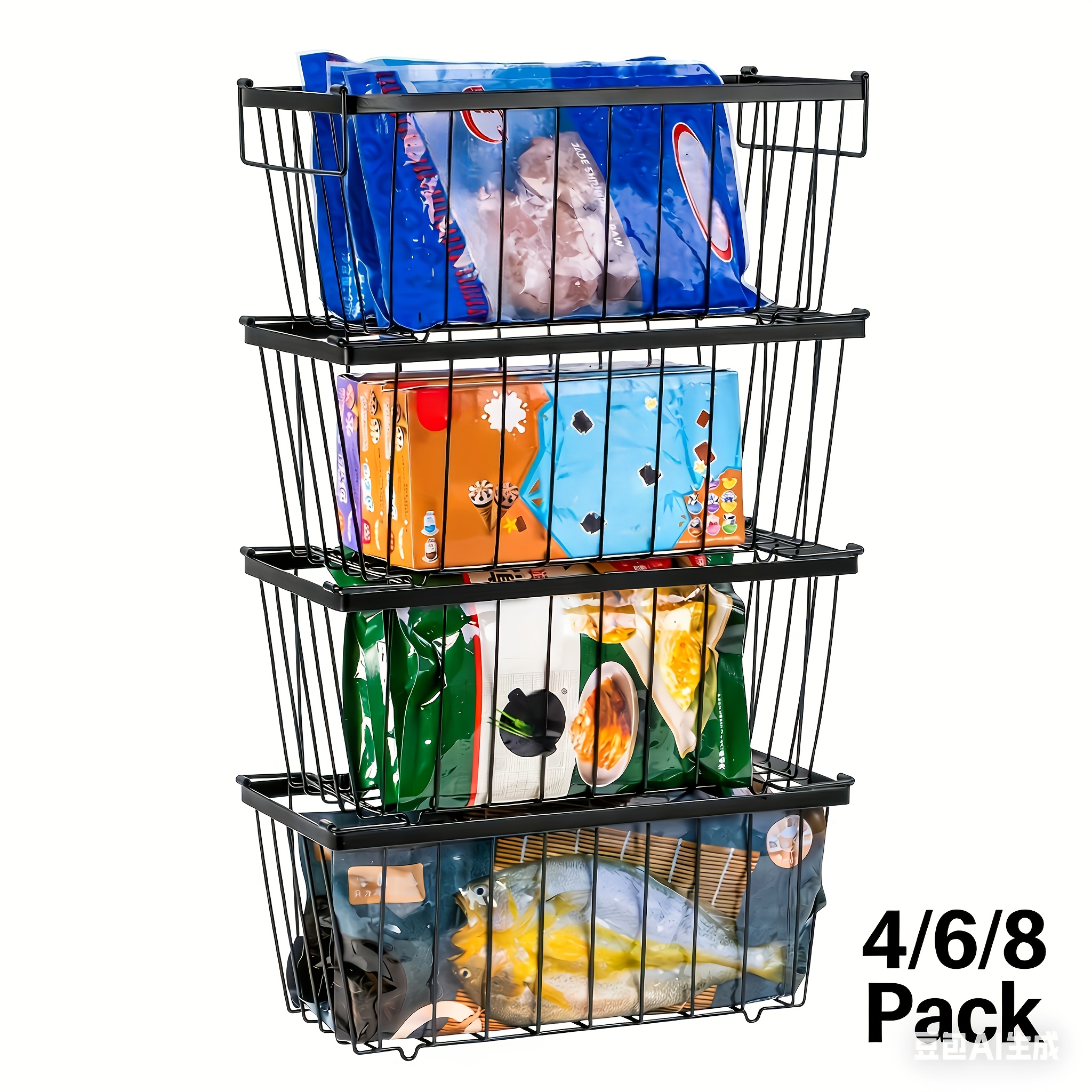 4 6 8 packs freezer organizer bins with side handle stackable chest freezer organizer for 7 cu ft deep freezer sort   food wire metal basket storage bins rack