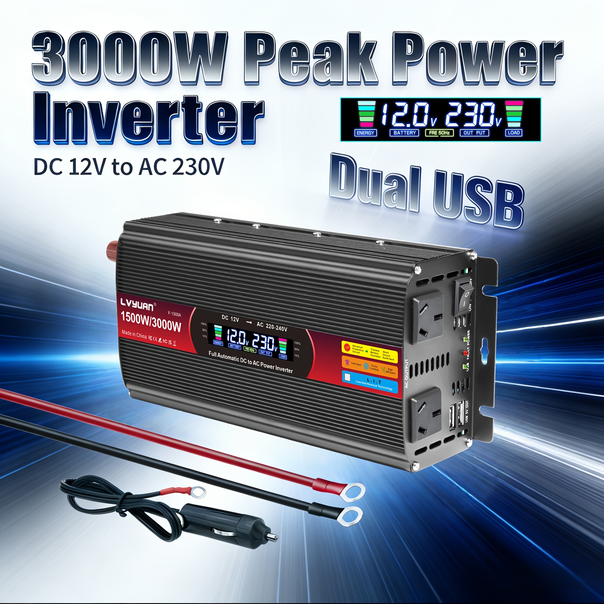 TEMU Lvyuan 1500w/3000w () Car Inverter Power Converter 12v To 220v To Ac, With 2 Au Sockets, Dual Usb Ports, And Lcd Display. Car Power Inverter,