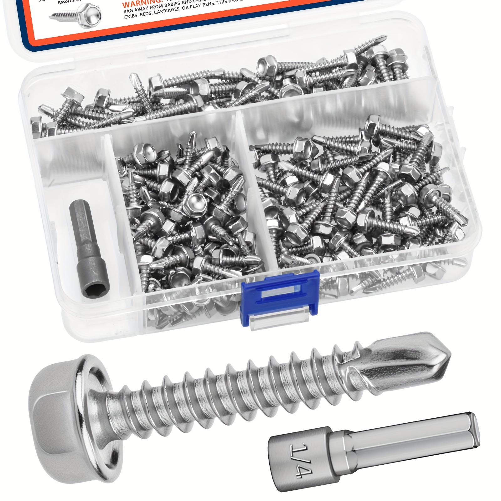 

410 Steel Tapping Tek Kit | Hex Washer | 200pcs #8 | 3-length (1/2", 3/4", 1") Free Hex Bit