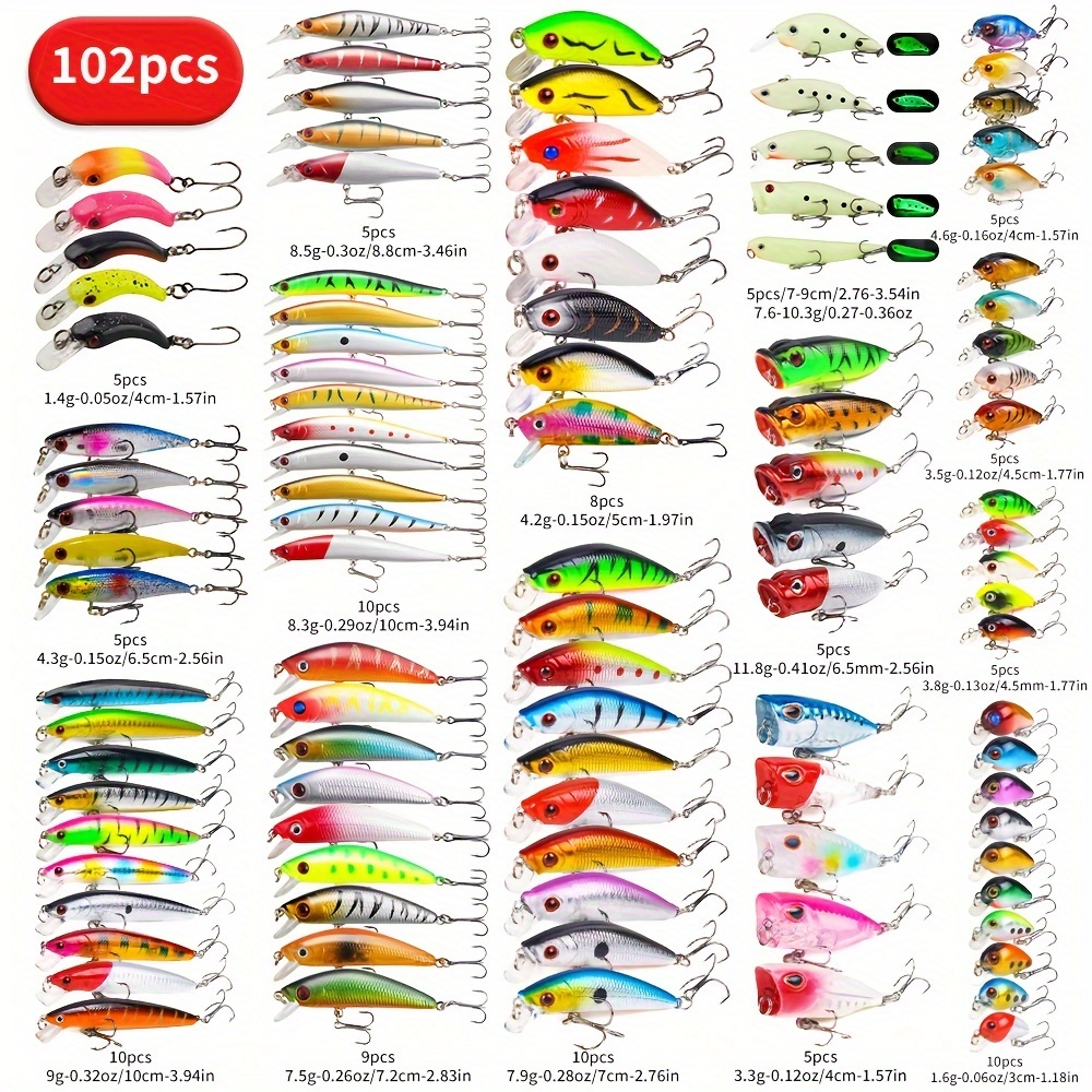 

22pcs/58pcs/102pcs Minnow Lures Set With Various Styles, Simulated Fake Baits, Including Minnow, Crankbait, Popper With Multiple Colors, Suitable For Bass Fishing In Freshwater And Seawater