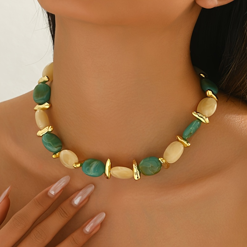 Minimalist Beaded Color-block Resin Necklace For Women