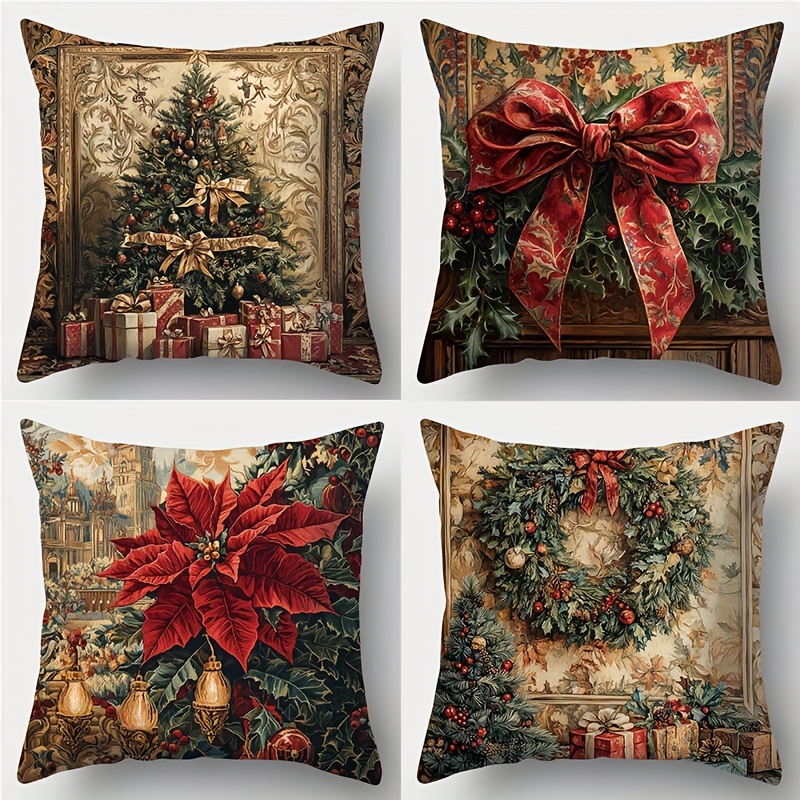 

4-pack Christmas Throw Pillow Covers 17.2" - Contemporary Style, Machine Washable, , Zippered Polyester Cushion Cases For Living Room Sofa - Wreath, Tree, Poinsettia, Gift Decor