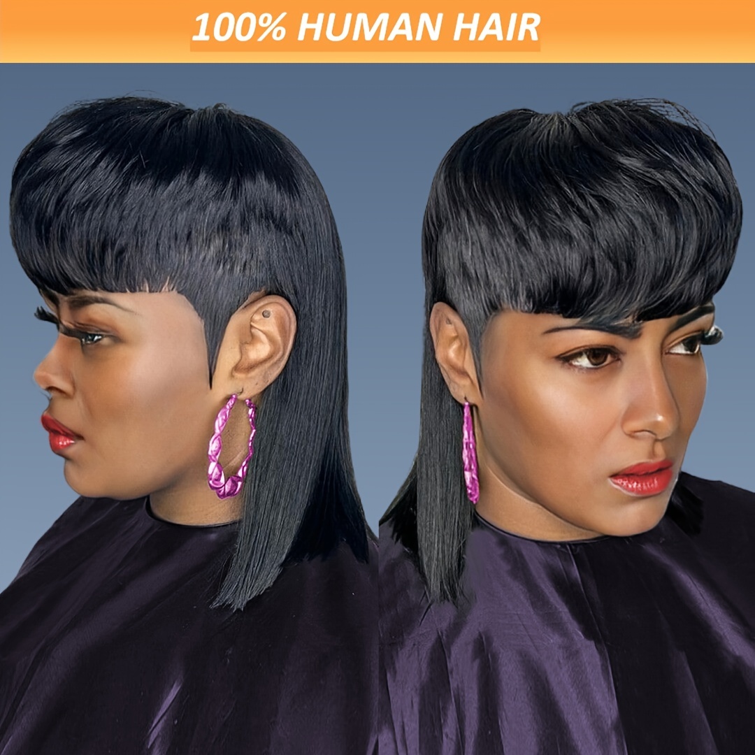 Mullet Wig Human Hair For Women 1B Mullet Bob Wigs With Bangs Straight Pixie Cut Dovetail Wig Brazilian Real Human Hair Wig Pixie Cut Mullet Wigs For