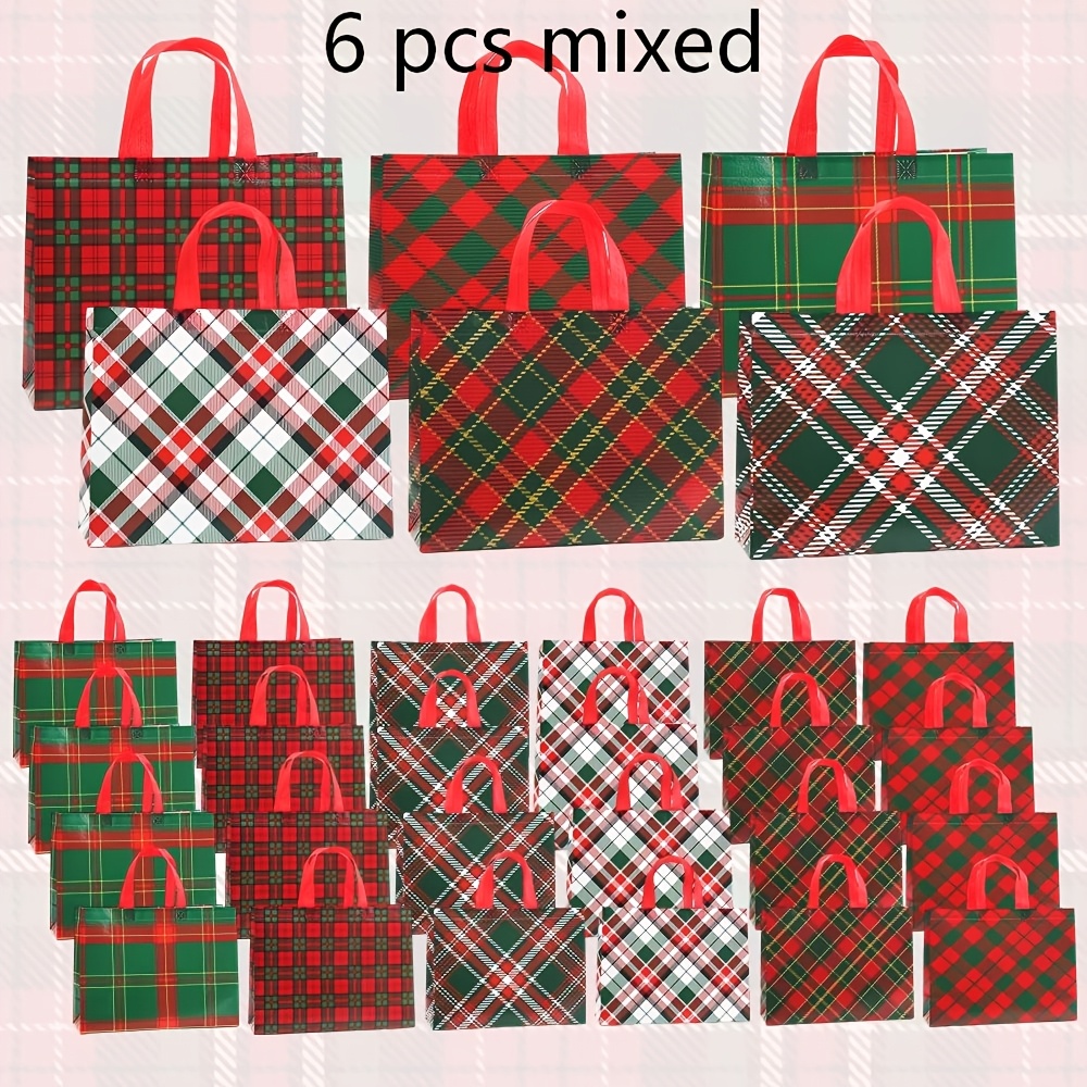 TEMU 6pcs Christmas Non-woven Gift Bags, Tote Handbags With Red Handles, Classic Pattern Goodie Bags For Xmas Holiday Party Favors, Suitable For All