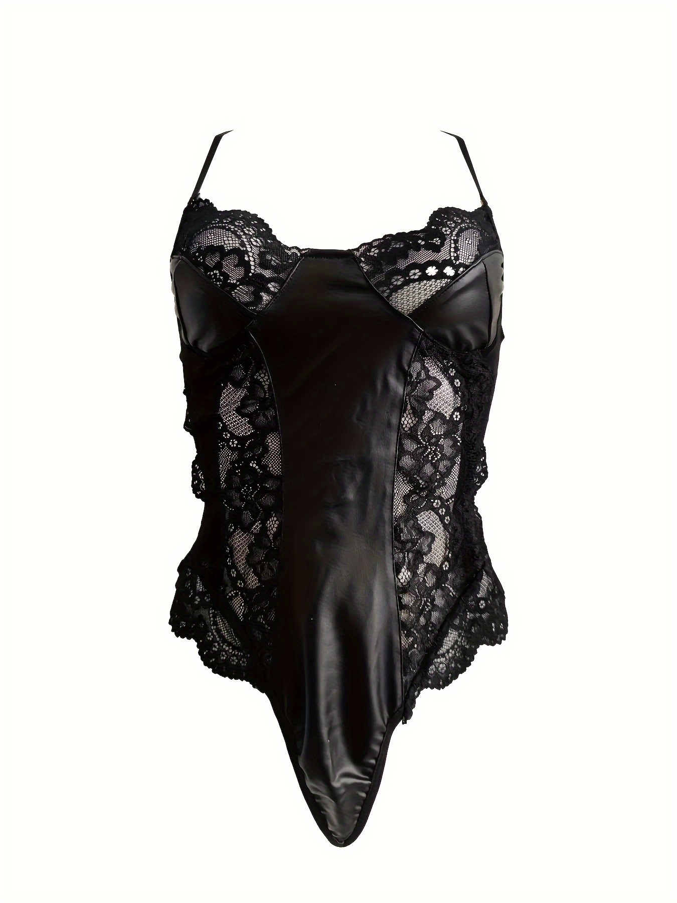 Women's Satin Teddy with Lace Trim and Vee Neckline - Black