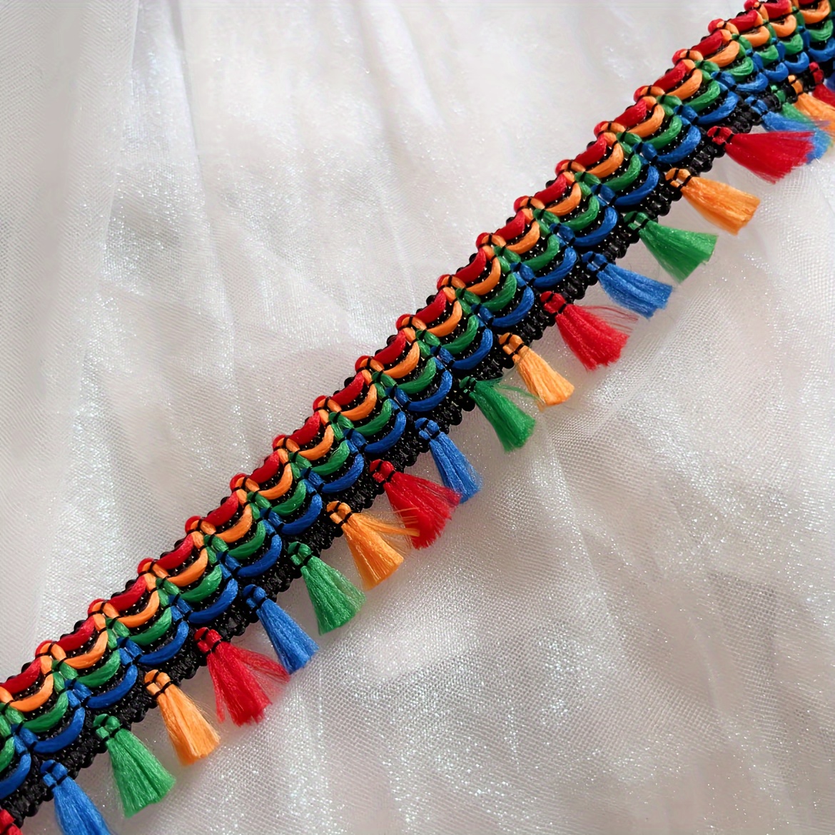 1 Roll - X 4cm Wide Vibrant Rainbow Tassel Trim, Polyester, Ethnic-inspired Side Strip With Small Fringe Detail For Clothing And Accessories