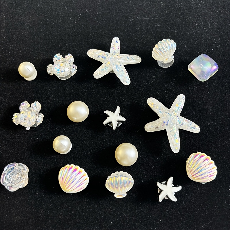 Image of 16pcs Pink Diy Detachable Shoe Charms With Glitter Chains, Starfish Shell Ripple Stars, Suitable For Beach Sandals And Slippers Decoration, Gift