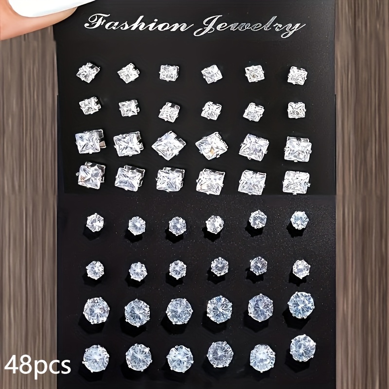TEMU 36/24/12 Pairs Women's Fashion Geometric Heart-shaped, Hexagon, Square Couple Earring Sets, Classic All-match Style Stud Earrings, Suitable For