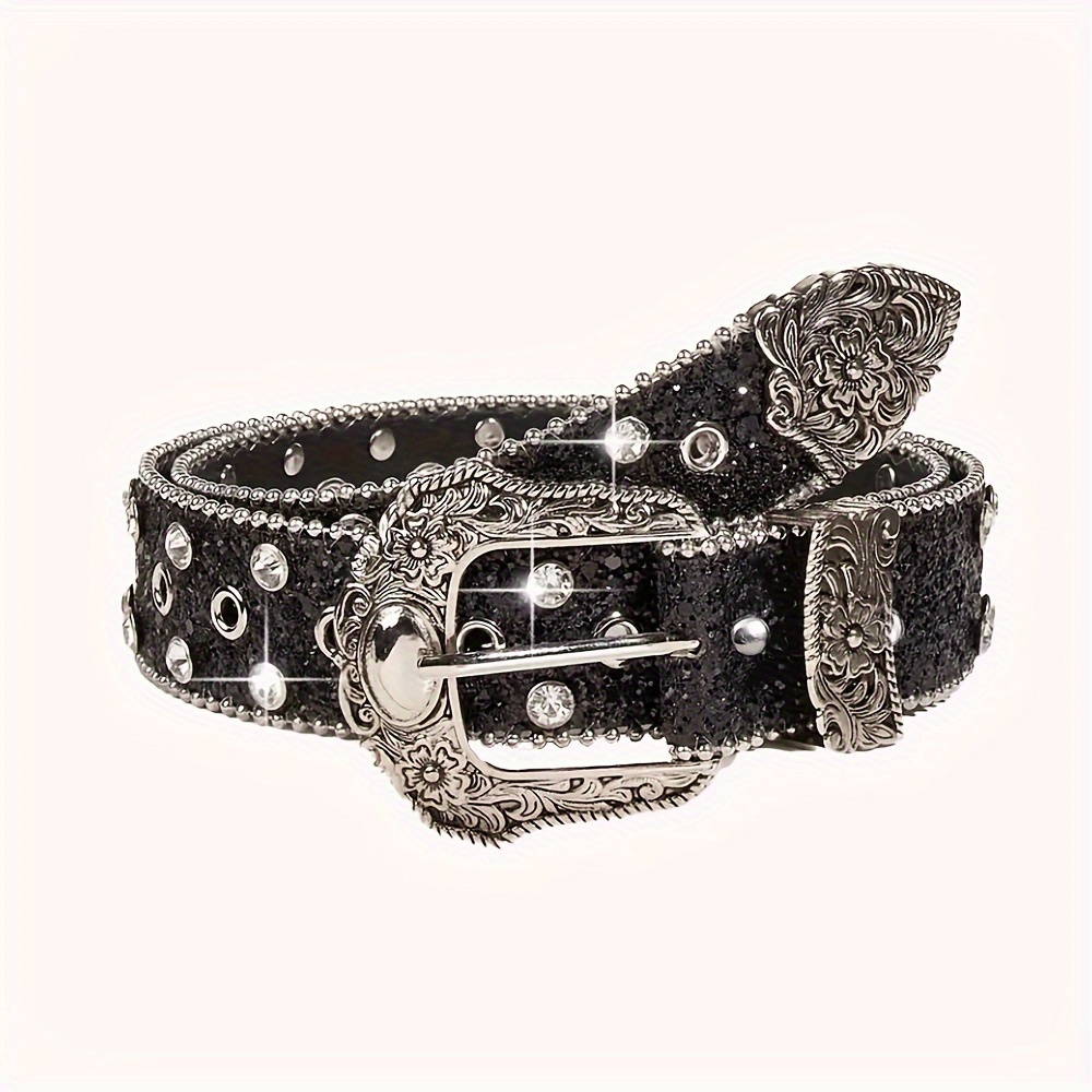 

Ceinture BB en Strass de 3.8cm de Large - Boucle Gravée Fleur Vintage Y2k - Cuir PU Pailleté - Parfaite Cowgirl - Ceintures Élégantes pour Dames et Filles