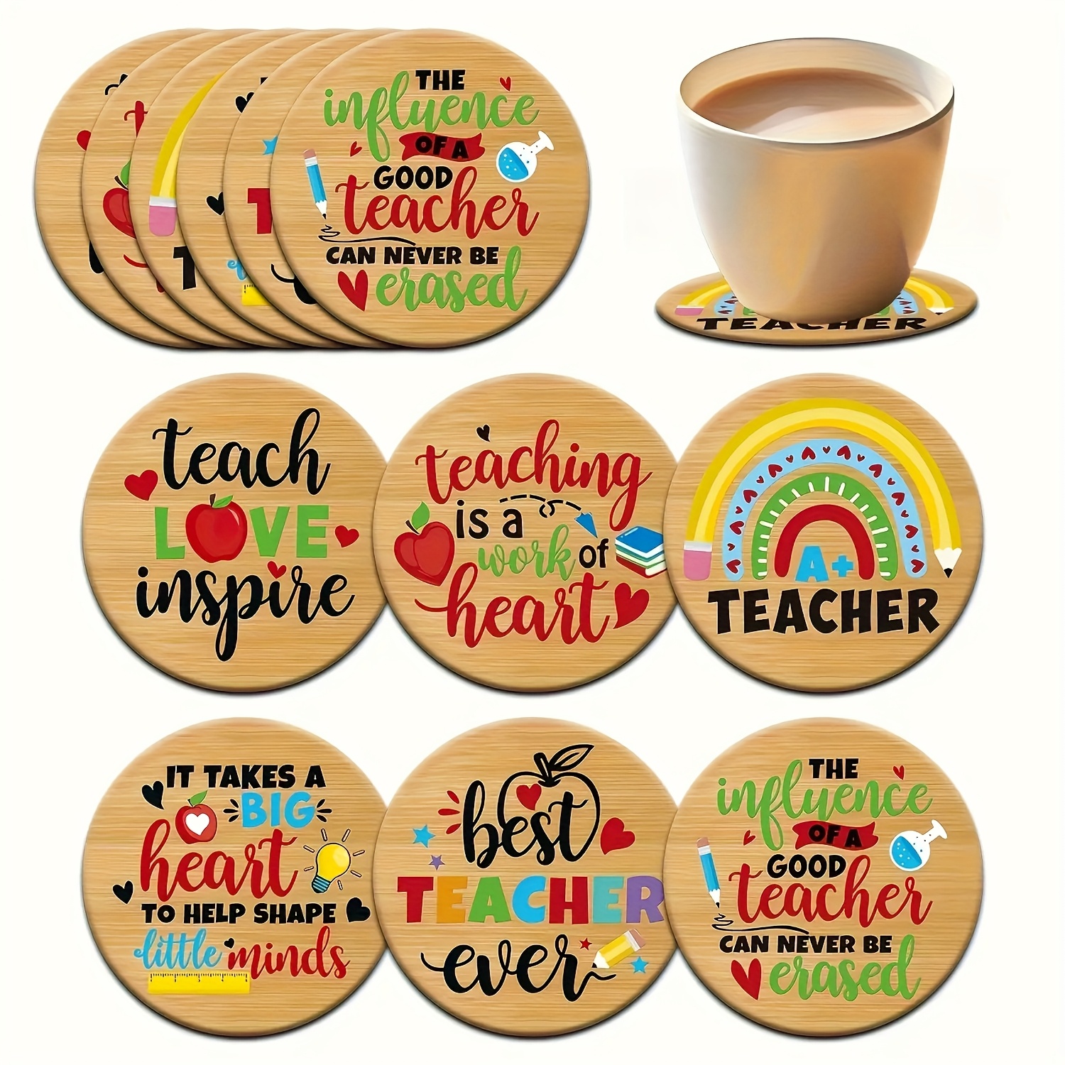 6pcs wooden coasters with teacher appreciation quotes round design   teachers day and thanksgiving gifts non slip kitchen coasters ideal for   decor and festive tableware suitable for coffee tables apartments and bars