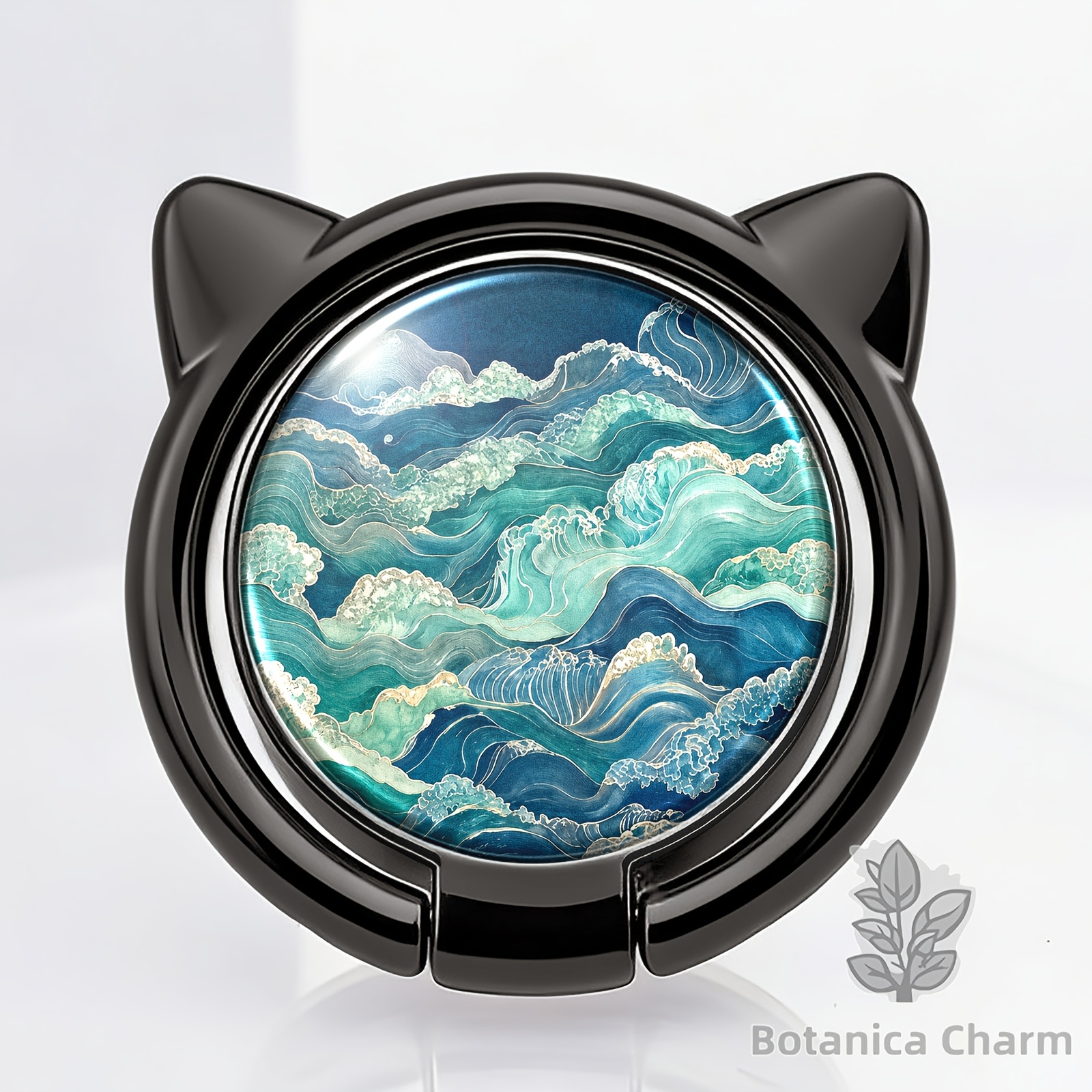 Cat Ear Shaped Cyan Wave Pattern Phone Ring Holder