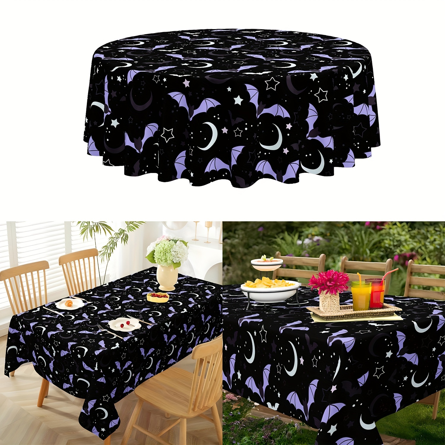 

1pc Tablecloth: Round & Rectangle Designs - Purple, Black & White Bats, Moon & Stars - Waterproof & Stain-resistant - Perfect For Parties