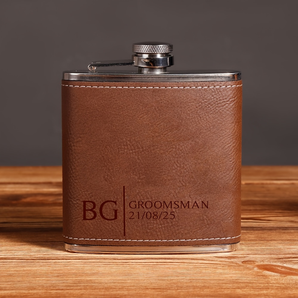 TEMU 1 pièce de gourde à vin en cuir portable de 6 onces, gravée avec votre nom ! Le revêtement en cuir haut de gamme ajoute de style robuste. Idéal