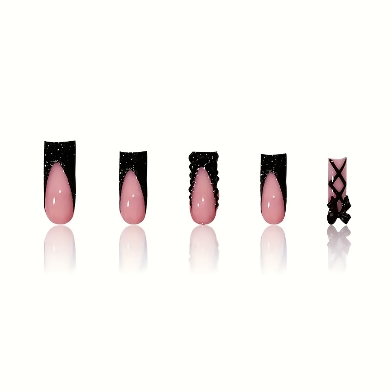 TEMU Lot de 24 faux ongles carrés moyens à appliquer, pour et les fêtes des femmes, base nude avec pointes à paillettes noires, nœuds gothiques 3D et