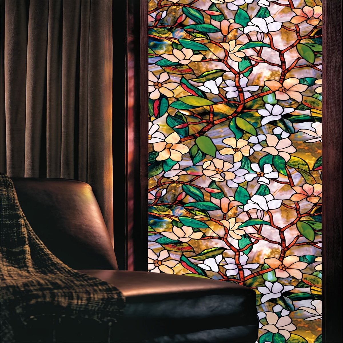 

Vintage Floral Stained Glass Window Film, Pvc Privacy Decorative Static Cling Film, Removable Non-adhesive Easy Mount For Home & Office, 10mil Thickness - 1 Piece