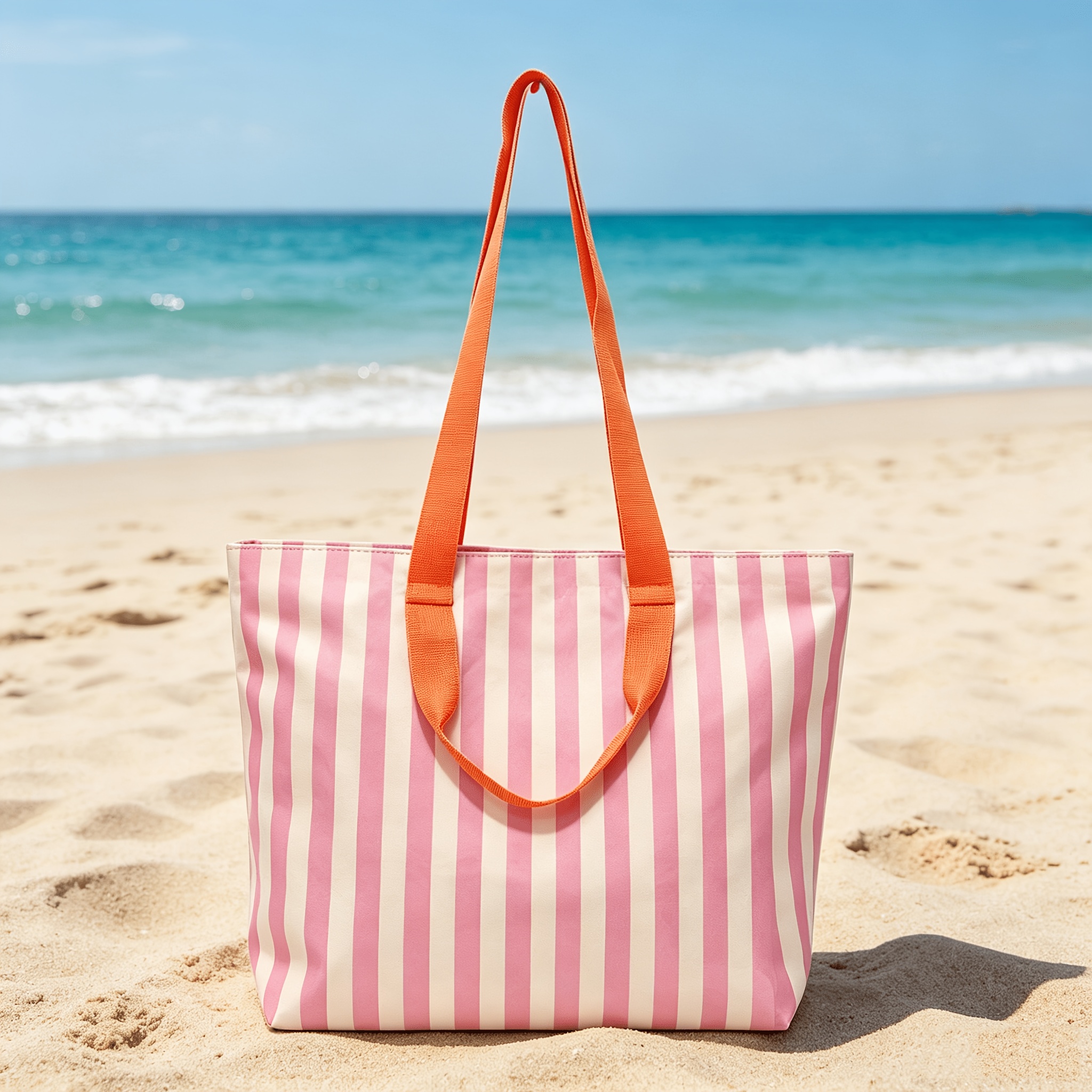 TEMU 1pc Pink Green Striped Beach Tote Bag, Large Capacity Shoulder Bag, Casual Travel Handbag With Inner Zipper Pouch, Suitable For Beach, Pool, And