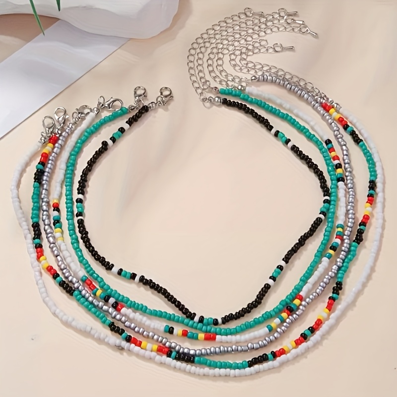 TEMU Bohemian Colorful Beaded Layered Necklace Set - 6pcs Multi-layered Chain Sweater Necklaces For, For Teenager