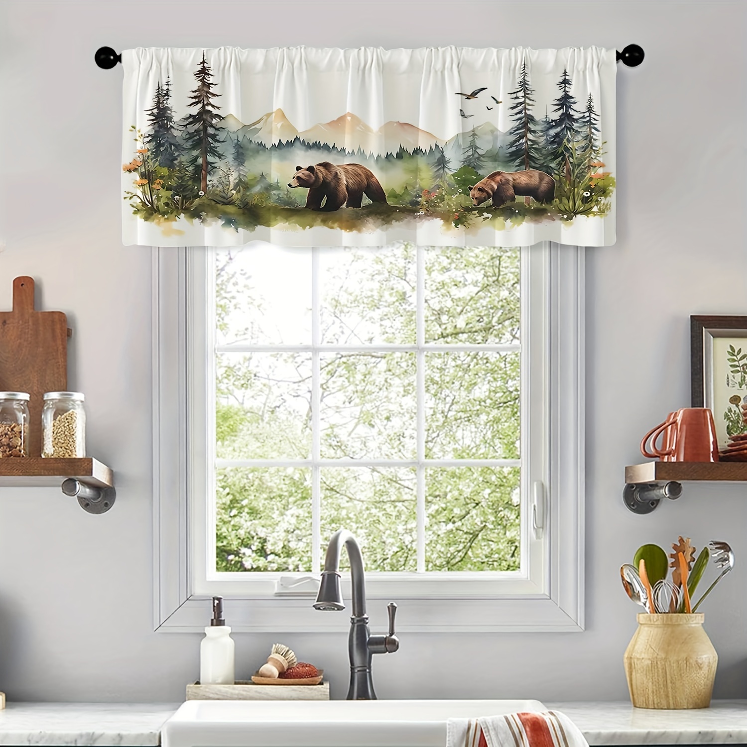 

1pc Brown Bear Pattern Valance, Rod Pocket Short Cafe Curtain, Window Treatment Valances For Kitchen Bathroom Bedroom Home Decor