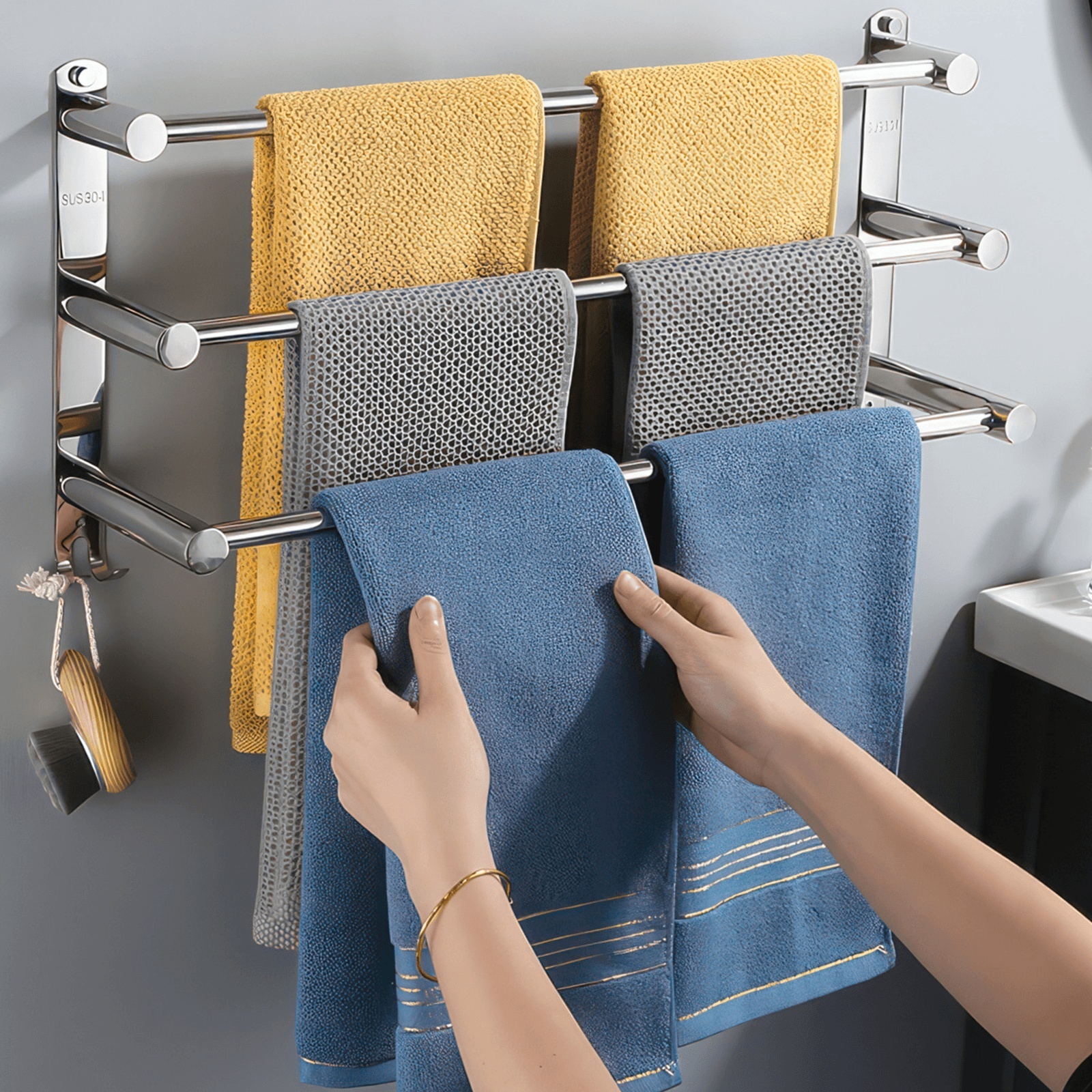 Image of Adjustable Towel Rail 3-tier Bath Towel Rack 304 Stainless Steel Towel Shelves With Hooks Wall Mounted Towel Holder Towel Bar For Kitchen Bathroom 49-90cm, Towel Racks