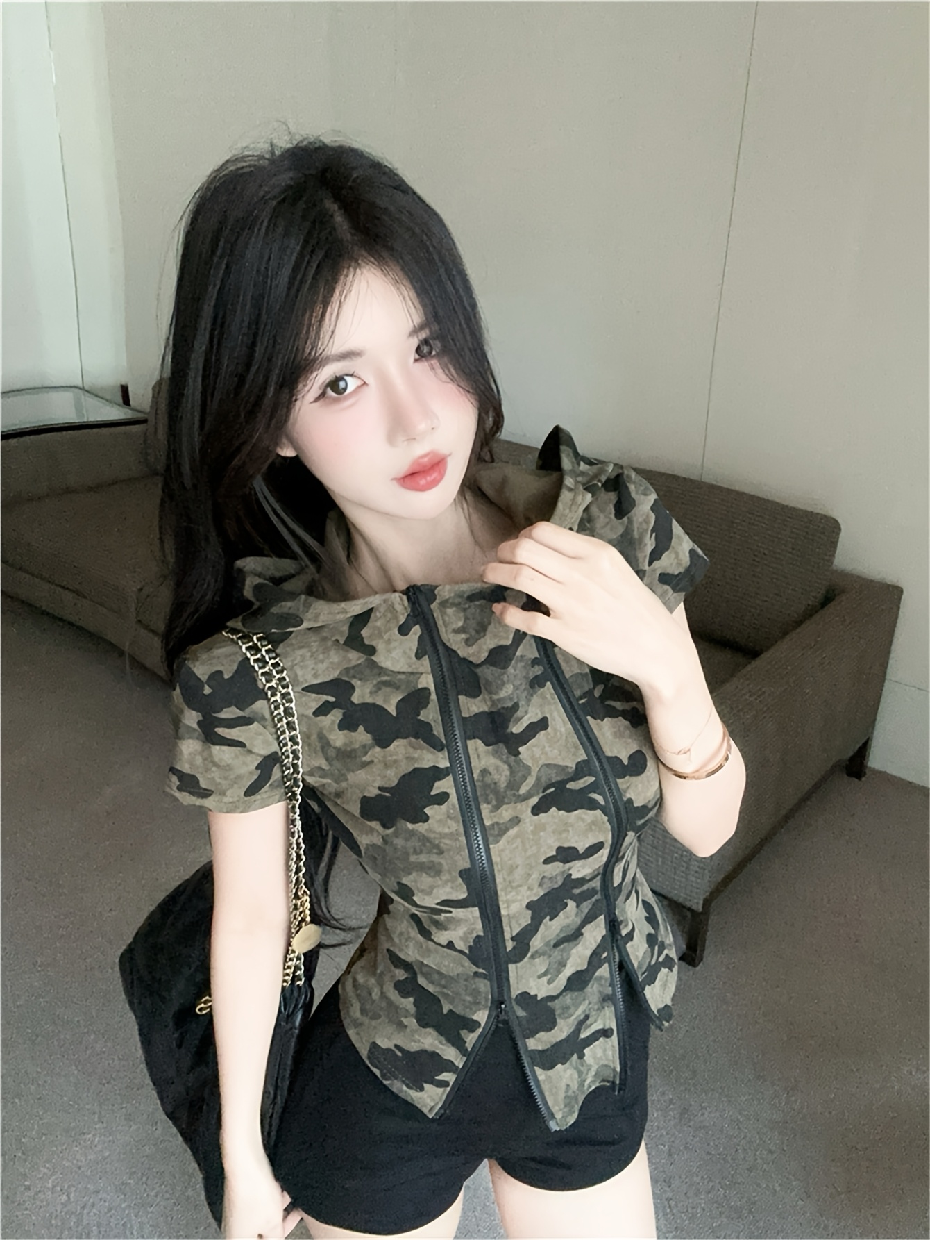 womens camo zip hoodie t shirt army green short sleeve Temu