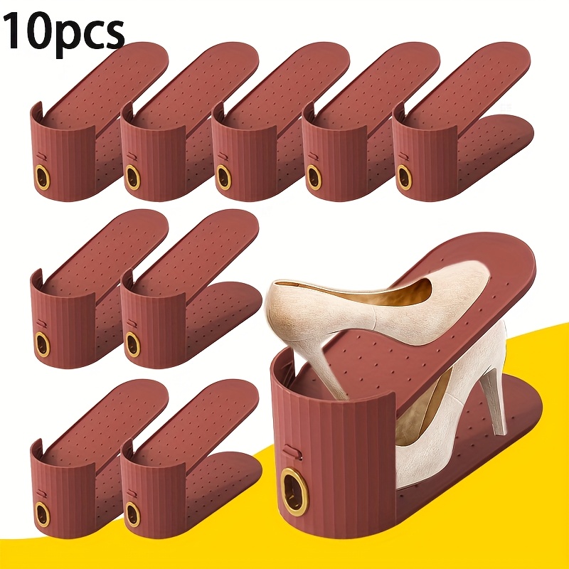 10pcs Shoe Rack, Vertical Stripe with Golden Ring. Stylish Color Scheme. Space-Saving, Solves Messy Issues, Fits All Kinds of Shoes. Foldable Splicing, Free Combination, Suitable For Living Room, Dormitory, Closet. Durable Pp Material