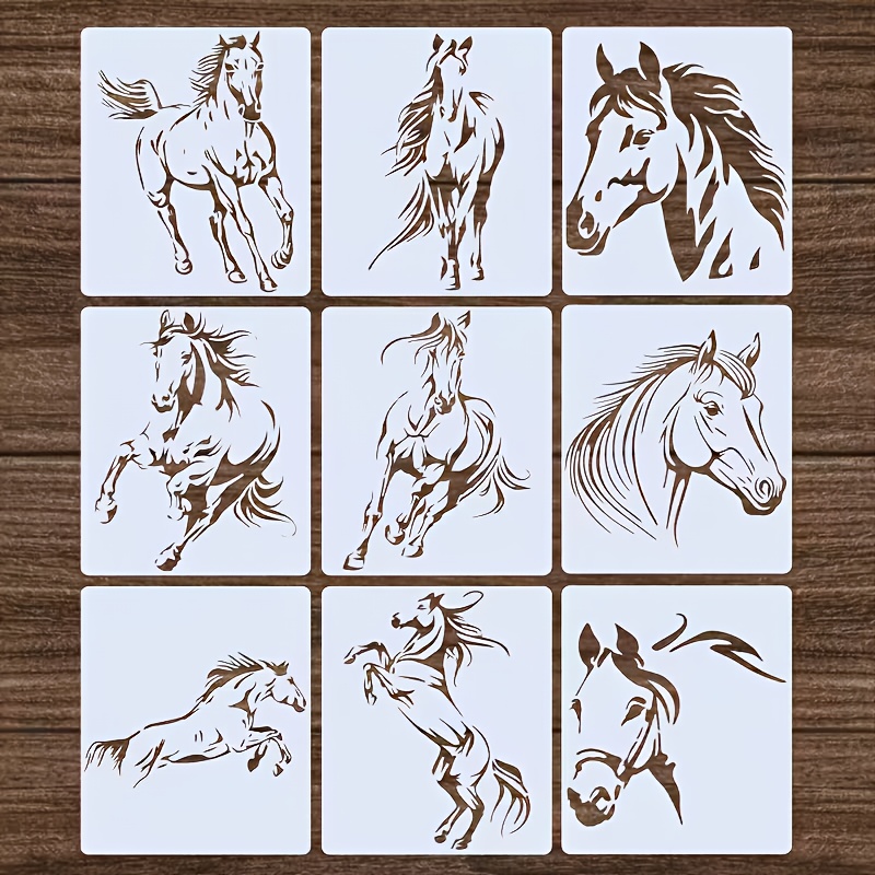 E-shop Pferd 17,78 * 15,24 cm/6 * 7 Zoll 9 wiederverwendbare Malvorlagen, geeignet für Graffiti, Skizzieren, Malen, Tattoos, Leinwand, Papier, Stoff,