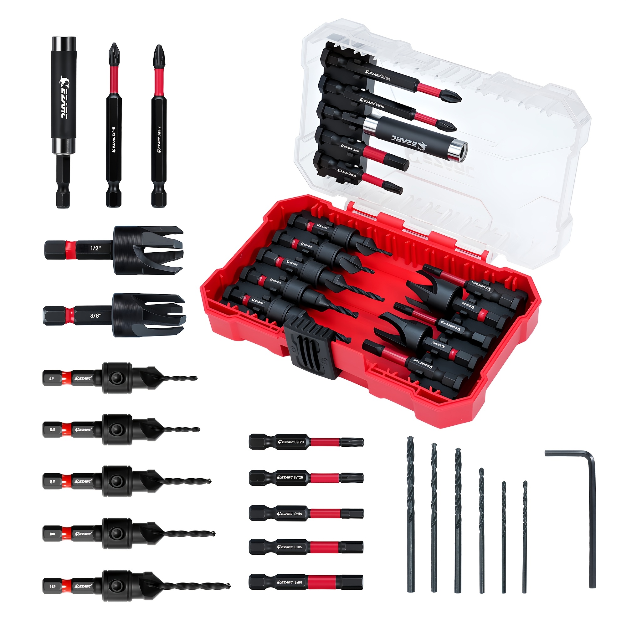 Artikelbild   22-tlg. senkkopf-bohrerset, professionelles holzbearbeitungswerkzeug-set mit holzdübelhülsenfräsern, magnetischem bit-halter, schraubendreher-bits & 1/4 sechskantschaft, inklusive aufbewahrungskoffer