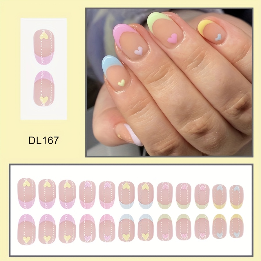 24pcs Short Oval Press-on Nails With Pastel & Heart Designs - Glossy Detachable Fake Nails For , Reusable Artificial Nails For Women, Cute Nails, Quick Manicure Solution