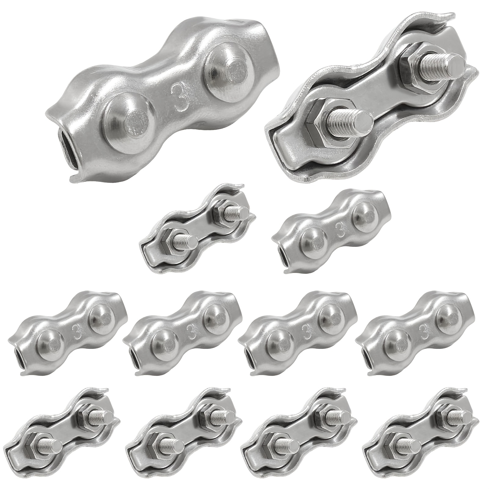 E-shop 12er-Pack Duplex-Drahtseil-Clips aus 304 Edelstahl, M3/M4/M5 Hochleistungs-Kabelschellen-Befestigungsset mit 2 Schrauben für Seile mit 2mm-4mm