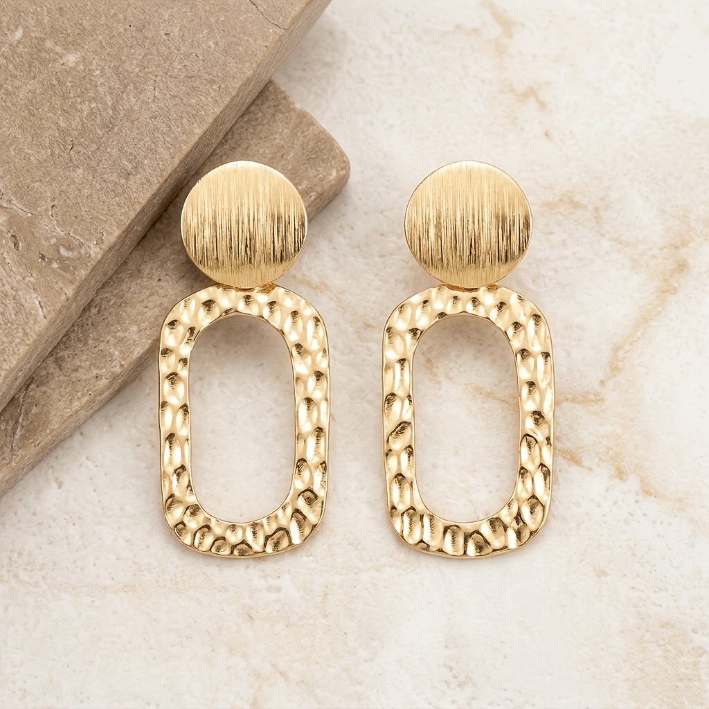 TEMU Une paire de boucles d'oreilles pendantes ovales ajourées avec texture et touches supérieures en disque rond brossé. Style géométrique moderne,