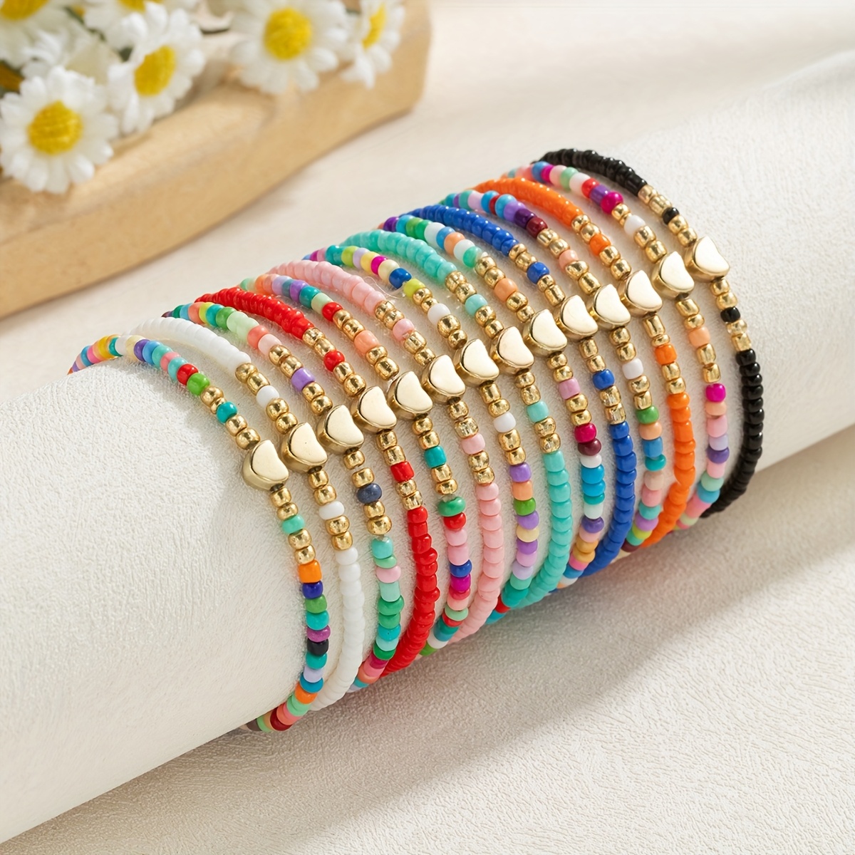 E-shop 14-teiliges Bohemian-Stil Reiskornperlen Mix und Match Liebe Schichtarmband für Damen, und Geeignet für Geschenke und Lässige Kleidung