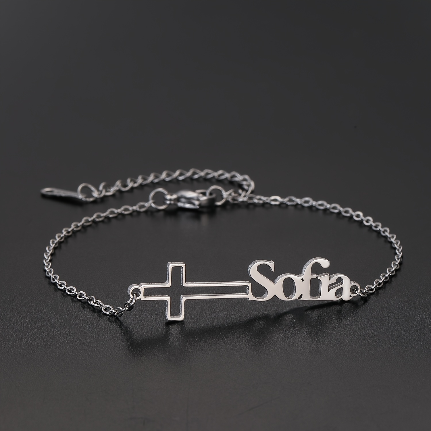 Image of Personalized Name Bracelet With , Christian Symbol, Stainless Steel, Customizable For Daily Wear And Festive Occasions, Easter Holiday Gift For Her