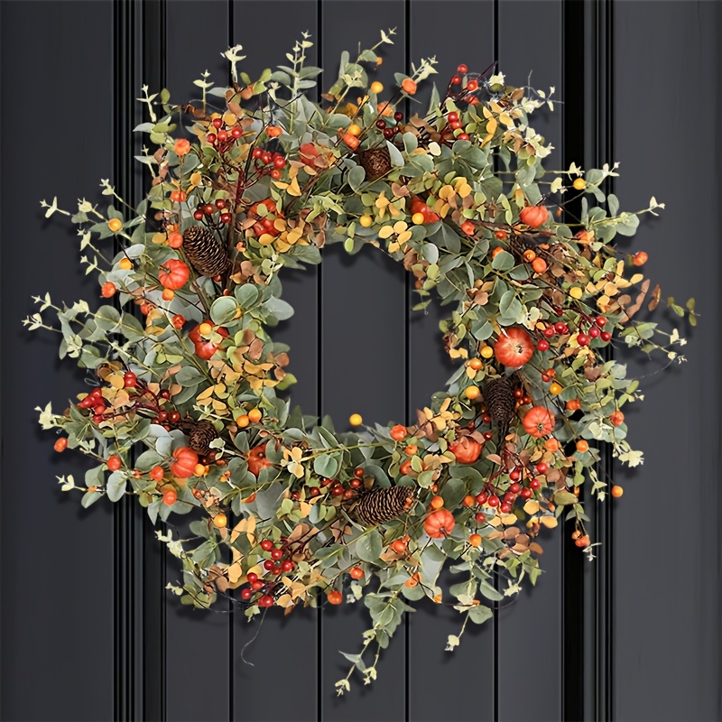 TEMU [halloween][christmas]24-inch Wreath With Pumpkins & Berries - Seasonal Indoor/outdoor Door Decoration For Halloween, Thanksgiving, Christmas,