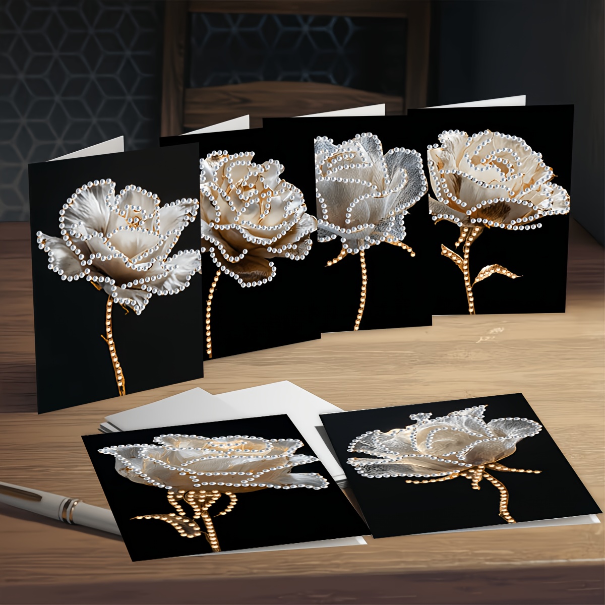 TEMU 2D Platte Diamant Schilderij Kit Handgemaakte Schilderij Kaart 6-delige Set Originele Zwarte Achtergrond Witte Roos Licht Luxe Thema Wenskaart