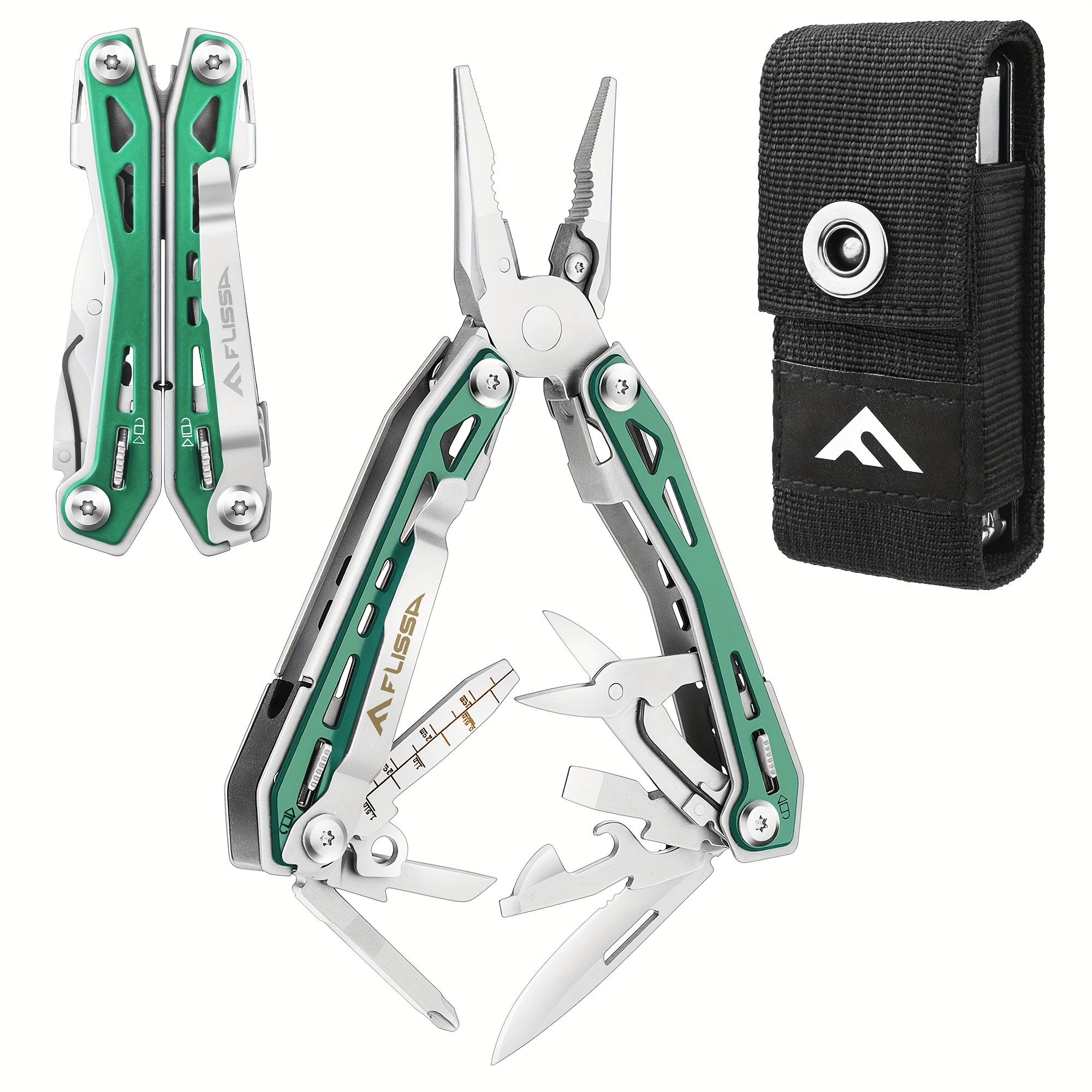 

Flissa Multi Tool Pliers, Green 16 In 1 Stainless Steel Multipurpose Tool With Tactical Multitool Knife, Screwdrivers, Saw, Bottle Opener And Durable Sheath, For Outdoor Adventures