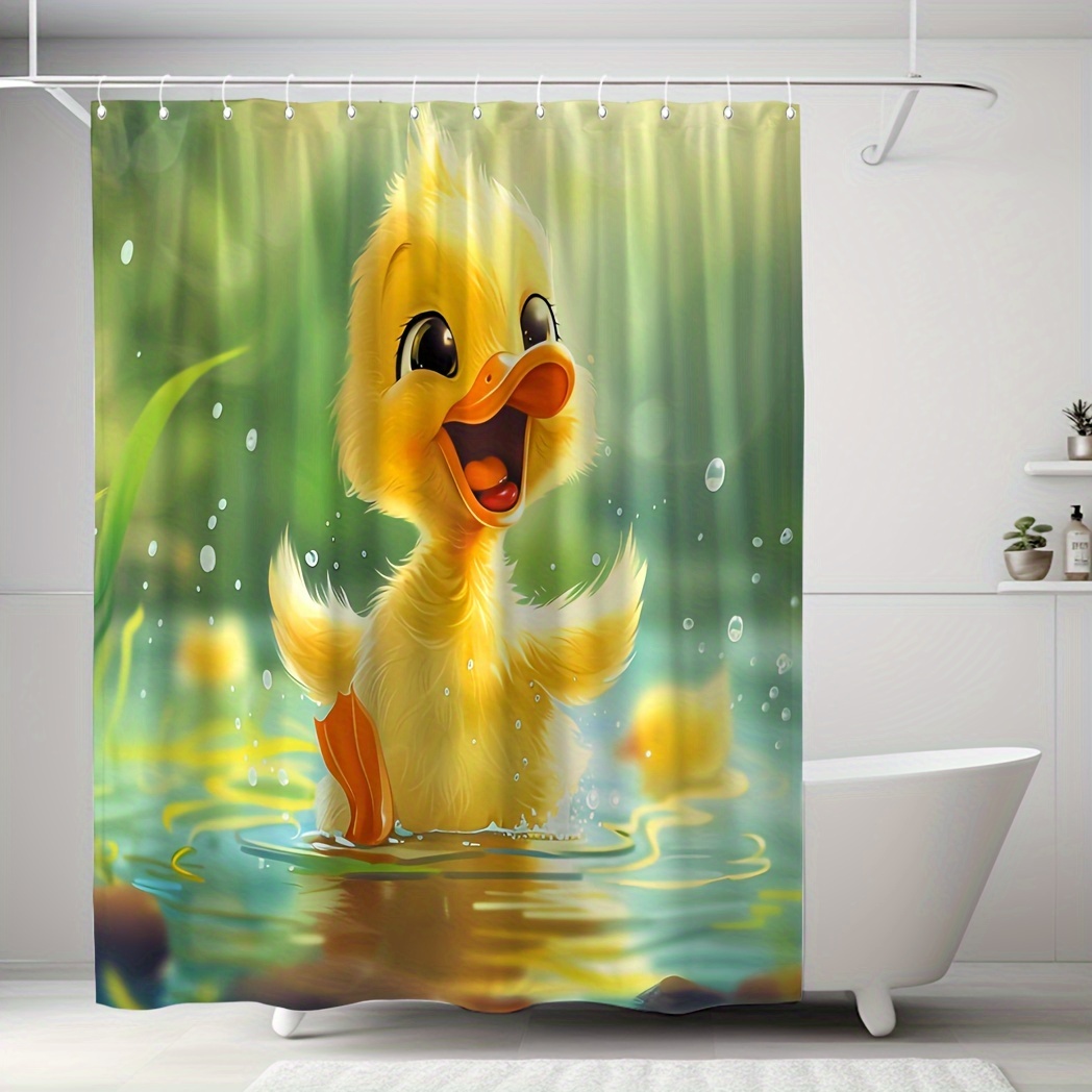 

Charming Yellow Duck Print Shower Curtain - Waterproof Polyester With 12 Hooks, Machine Washable, Stylish Bathroom Decor, 71x71 Inches